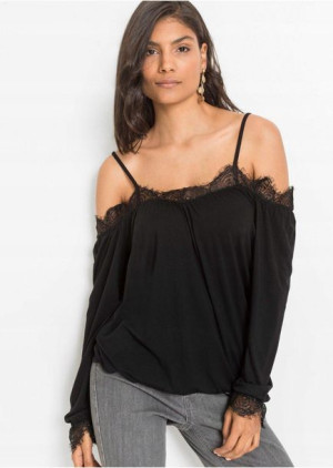 Bonprix Czarna Luźna Bluzka Carmen Cold Shoulder Koronka 48-50 920080