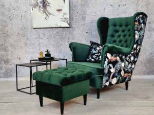 Fotel Uszak Pikowany Glamour Chesterfield Podnóżek