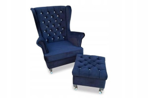 Fotel Uszak Glamour Chesterfield Podnóżek Kryształ