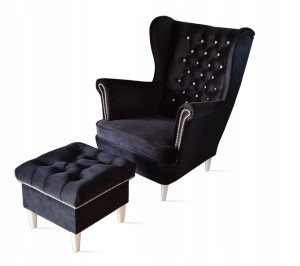 Fotel Uszak Glamour Chesterfield Podnóżek Kryształ