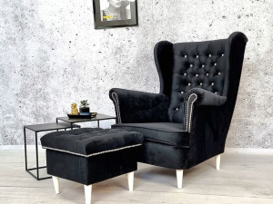 Fotel Uszak Glamour Chesterfield Podnóżek Kryształ