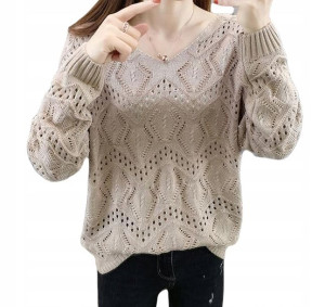 Sweter Damski Ażurowy Brązowy Miękki Beżowy Modny