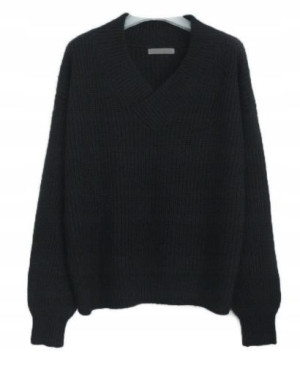 Sweter Damski Z Dekoltem W Serek Czarny Prążkowany