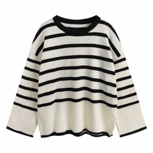 Sweter Damski Golf W Paski Over Size Beżowy Ciepły