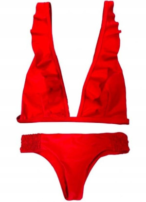 Czerwony Strój Kąpielowy Bikini Falbanki L Red
