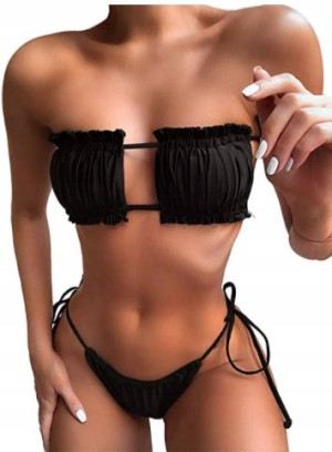 Strój Kąpielowy Bikini Bandeau Marszczony Czarny S