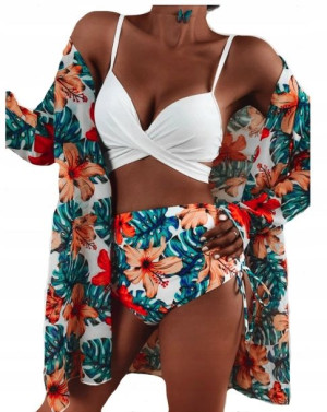 Strój Kąpielowy Bikini Kimono Kwiaty Tropikalne S