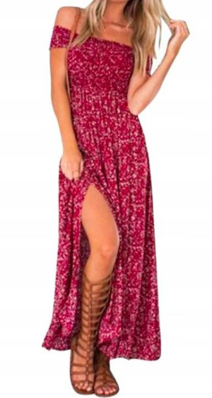 Sukienka Maxi Hiszpanka W Kwiaty Boho Czerwona