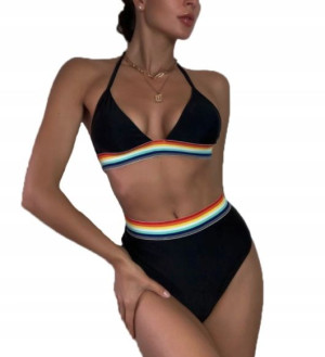 Strój Kąpielowy Bikini Wysoki Stan Czarny Tęcza S