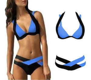 Strój Kąpielowy Bikini Z Paskami Sexy Niebieski Xl