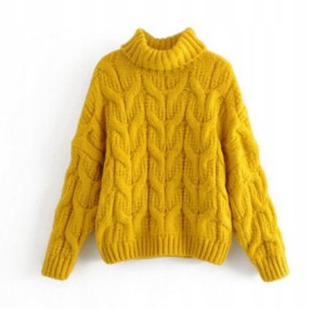 Sweter Ciepły Miły Gruby Pleciony Z Golf-em Żółty