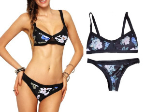 Damski Strój Kąpielowy Bikini Czarne W Kwiaty L
