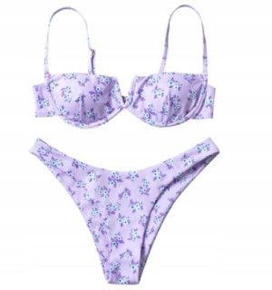Strój Kąpielowy Bikini Bardotka Kwiaty Fioletowy S