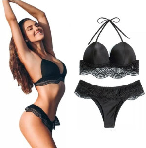 Strój Kąpielowy Bikini Koronka Biały Czarny Sexy M