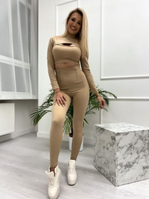 Komplet beżowy z suwakami top + legginsy