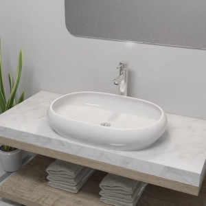 Umywalka z baterią mieszającą ceramiczna owalna biała