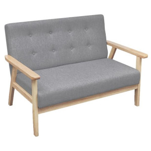 Sofa do salonu 2-osobowa drewno tkanina jasnoszara