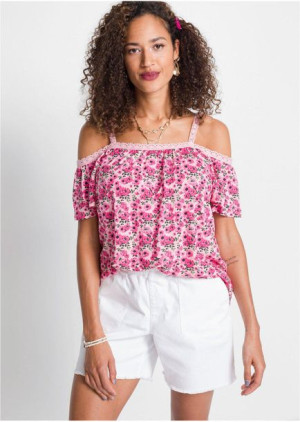 Bonprix Różowa Luźna Bluzka Kwiaty Cold Shoulder Koronka 36-38 938175