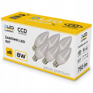 6x Żarówka LED E27 750lm 8W ŚWIECZKA CIEPŁA