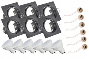 6x Zestaw oprawa kwadratowa czarna  + GU10 8W ciepła + gniazdo GU10