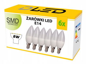6x Żarówka LED E14 858lm 8W świeczka ZIMNA