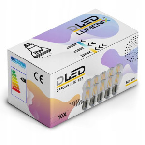 10x Żarówka E27 LED FILAMENT 8W CIEPŁA 45mm Edison