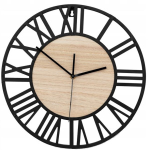 Zegar Ścienny Czarny Metal Drewno Okrągły 35cm