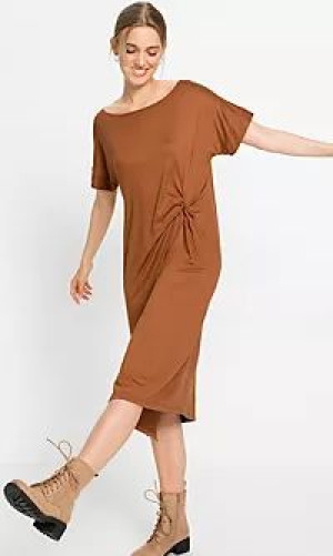 Bonprix Brązowa Elastyczna Sukienka Marszczenie Midi Rozcięcie 32-34 924815