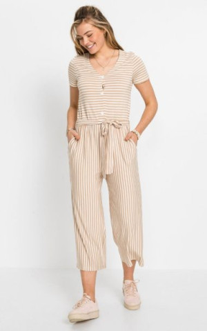 Bonprix Beżowy Kombinezon Damski Overall W Paski Kuloty Guziki 48-50 927869