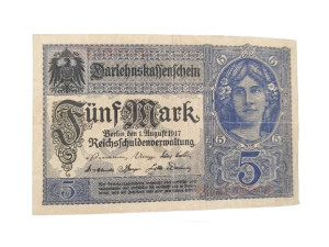 Stary Banknot kolekcjonerski Niemcy 5 marek 1917