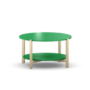 ZIELONY, OKRĄGŁY STOLIK KAWOWY z półką, drewniany stelaż, FI80CM