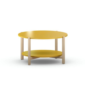 ŻÓŁTY, OKRĄGŁY STOLIK KAWOWY z półką, drewniany stelaż, FI80CM