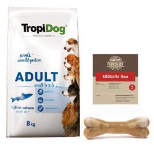 TROPIDOG Premium Adult Small Breeds bogaty w łososia i ryż 8kg + FarmSnack