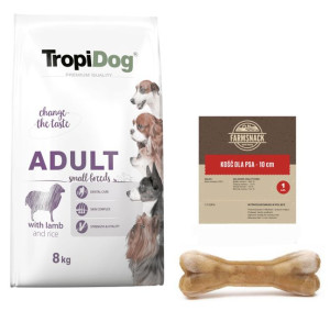 TROPIDOG Premium Adult Small Breeds z jagnięciną i ryżem 8kg + FarmSnack Ko