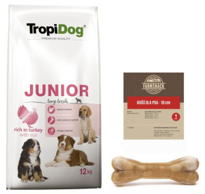 TROPIDOG Premium Junior L bogaty w indyka i ryż 12kg + FarmSnack Kość dla p