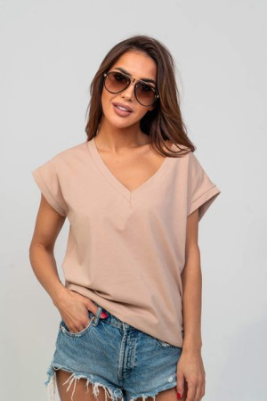 T-shirt damski z krótkim rękawem V-neck beżowy XS/S
