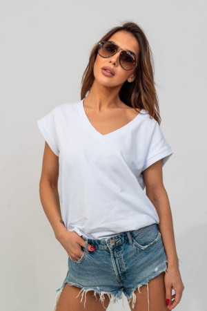 T-shirt damski z krótkim rękawem V-neck biały M/L