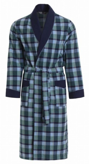 Cienki bawełniany szlafrok w kratkę - RE-501 - Niebiesko-zielony  1050 - XL