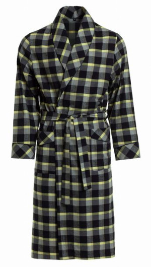 Cienki bawełniany szlafrok w kratkę - RE-501 - Szaro-żółty 1051 - L