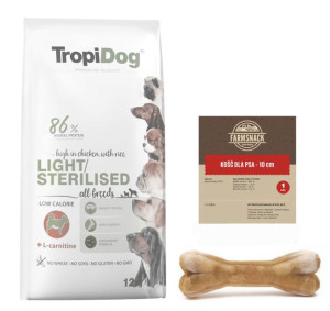 TROPIDOG Premium light/sterilised 12kg + FarmSnack Kość dla psa 10cm