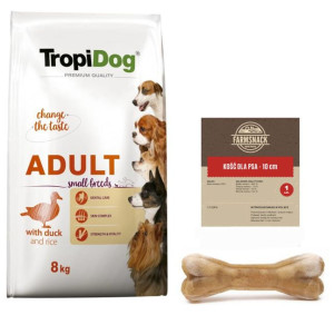 TROPIDOG Premium Adult Small Breeds z kaczką i ryżem 8kg + FarmSnack Kość d