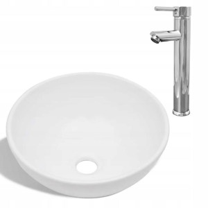 Umywalka z baterią mieszającą, ceramiczna, biała