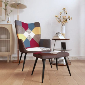 Fotel z podnóżkiem, patchwork, obity tkaniną