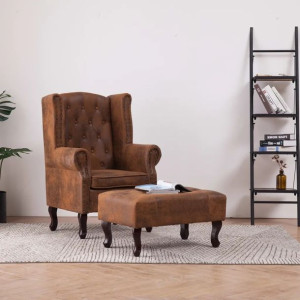 Fotel Chesterfield z podnóżkiem, brązowy, zamsz