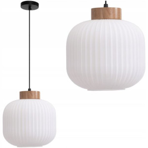 Lampa Sufitowa Wisząca Szklana Biała Boho Drewno