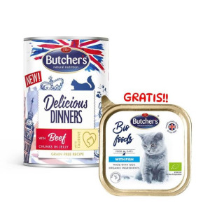 BUTCHER'S Delicious Dinners kawałki z wołowiną w galaretce 400g (kot) +  Bi