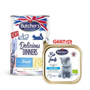 BUTCHER'S Delicious Dinners z pstrągiem kawałki w galaretce 400g (kot) +  B