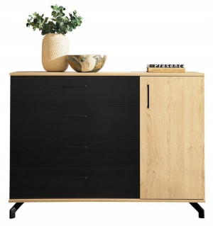 Komoda 120cm czarna + dąb + metal nóżki loft MAD10