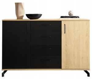 Komoda 140cm czarna + dąb + metal nóżki loft MAD9