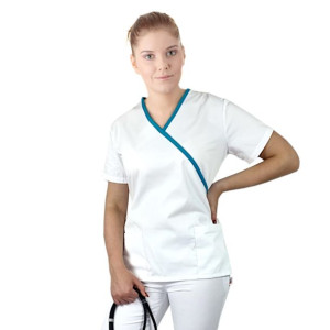 Bluza medyczna biała damska z lamówką turkus - 42